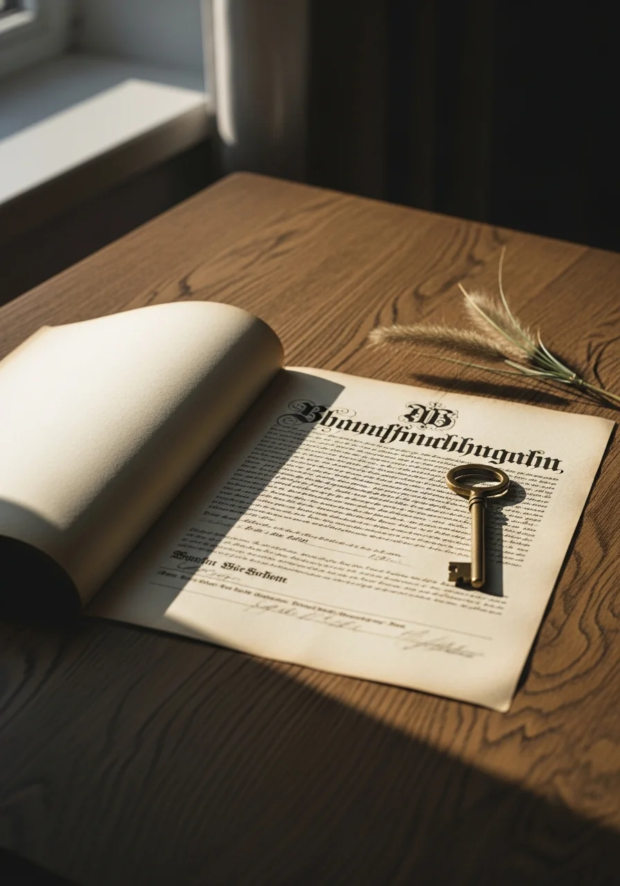 Stillleben eines historischen Grundbriefs auf einer alten Eichenholzplatte mit Messingschlüssel und Strandhaferzweig